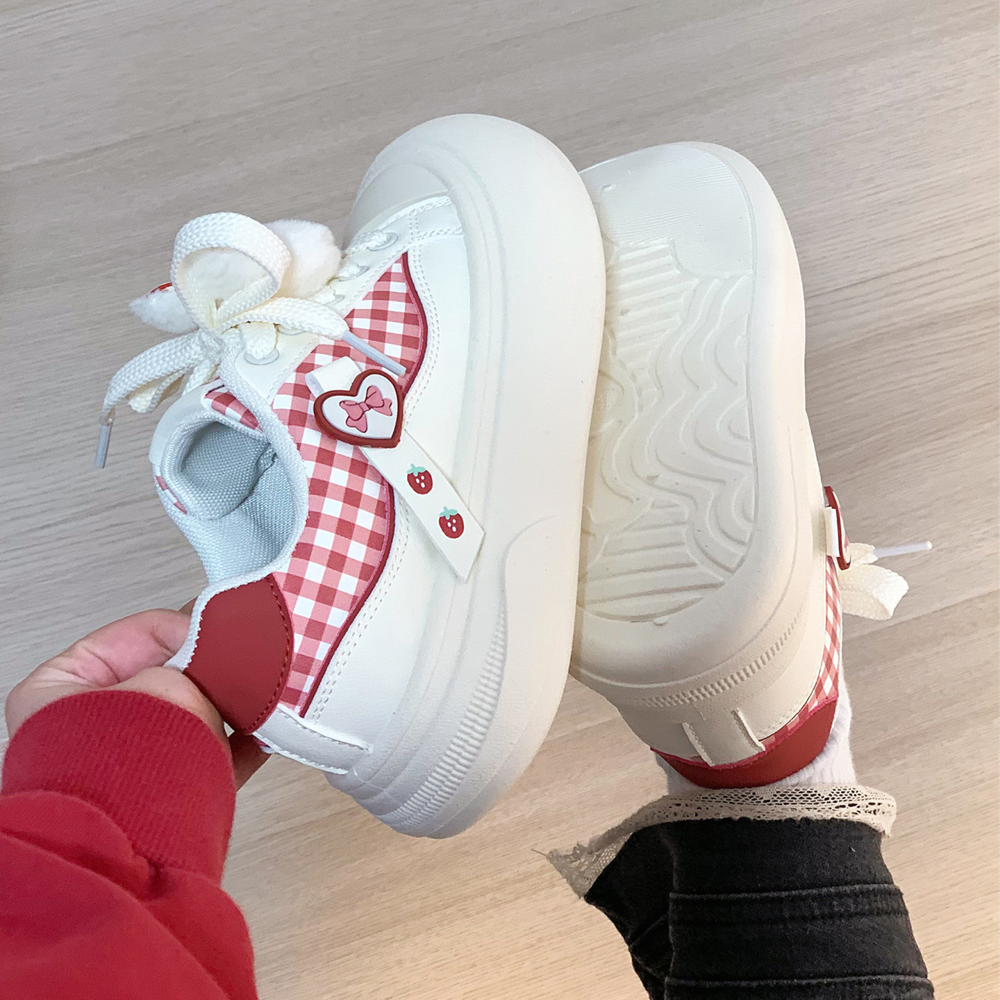 人本加绒兔子可爱大头小白鞋女冬