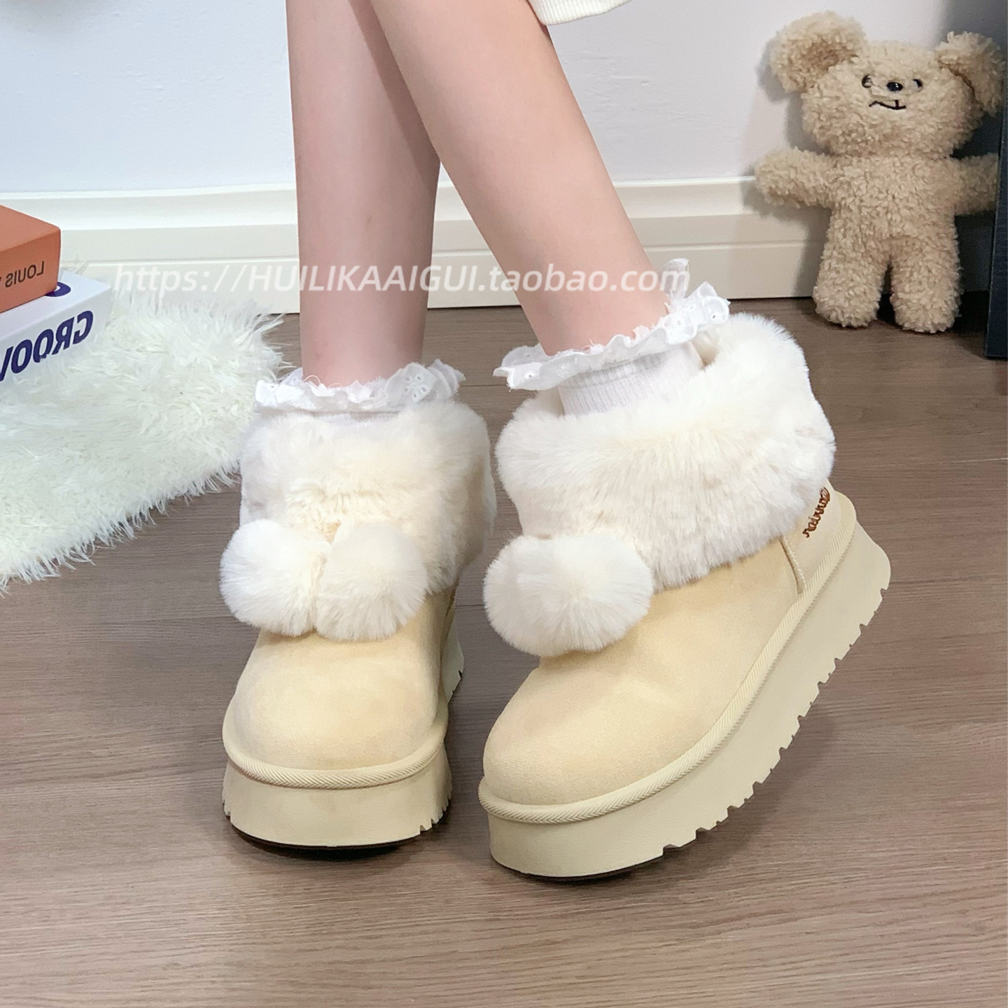 回力可爱毛球雪地靴女2025冬季