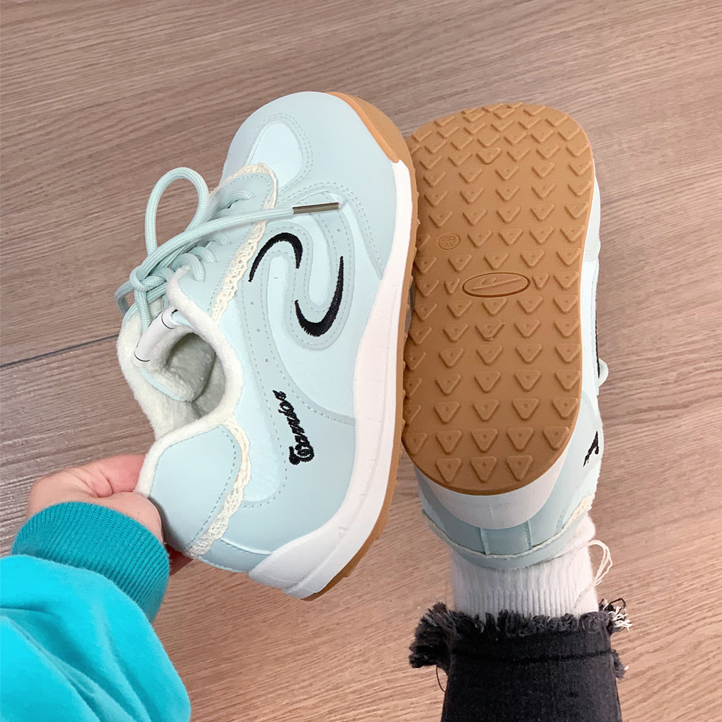 回力薄荷加绒德训鞋女款冬季新款