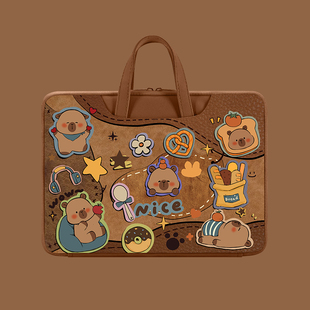 可爱卡皮巴拉电脑手提包14英寸卡通笔记本收纳包使用苹果mac13.3华为荣耀16.1英寸防水联想air15寸通用防震包