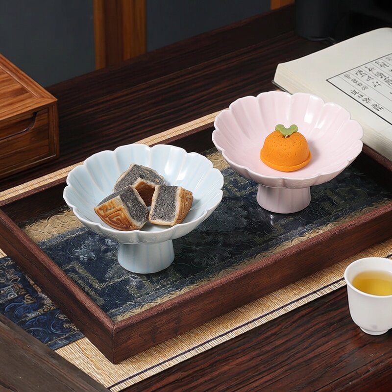 新中式莲花高足茶点盘陶瓷家用茶室点心碟围炉煮茶干果供盘糕点盘