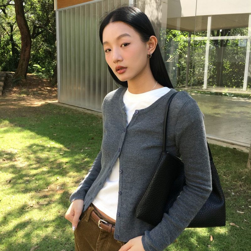 IN.choose u 笑笑家2025秋冬气质韩系圆领系扣长袖羊驼毛针织开衫