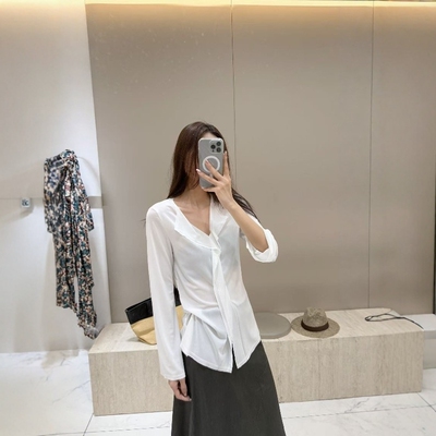法式网纱V领长袖衬衫女夏薄款