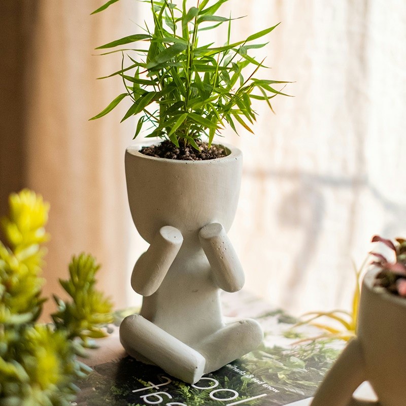 掬涵不看不听不说小白人创意涂鸦花盆花器多肉种植可爱装饰品摆件