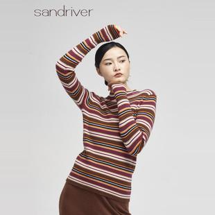 條紋休閑套頭打底衫 sandriver沙涓西藏羊絨彩條打底衫
