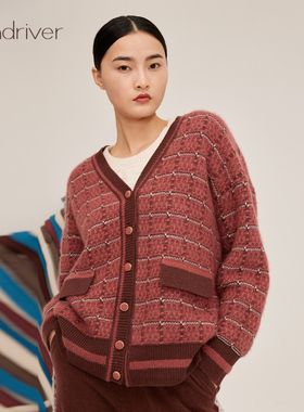 沙涓sandriver羊绒桑蚕丝撞色针织宽松女开衫