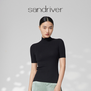 撞色套头显瘦修身 羊绒衫 针织T恤 修身 沙涓Sandriver半高领精纺短袖