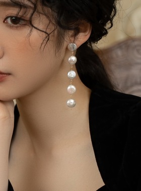 AOILDLLI巴洛克纽扣珍珠长款流苏坠感显瘦耳坠耳环耳钉女耳线