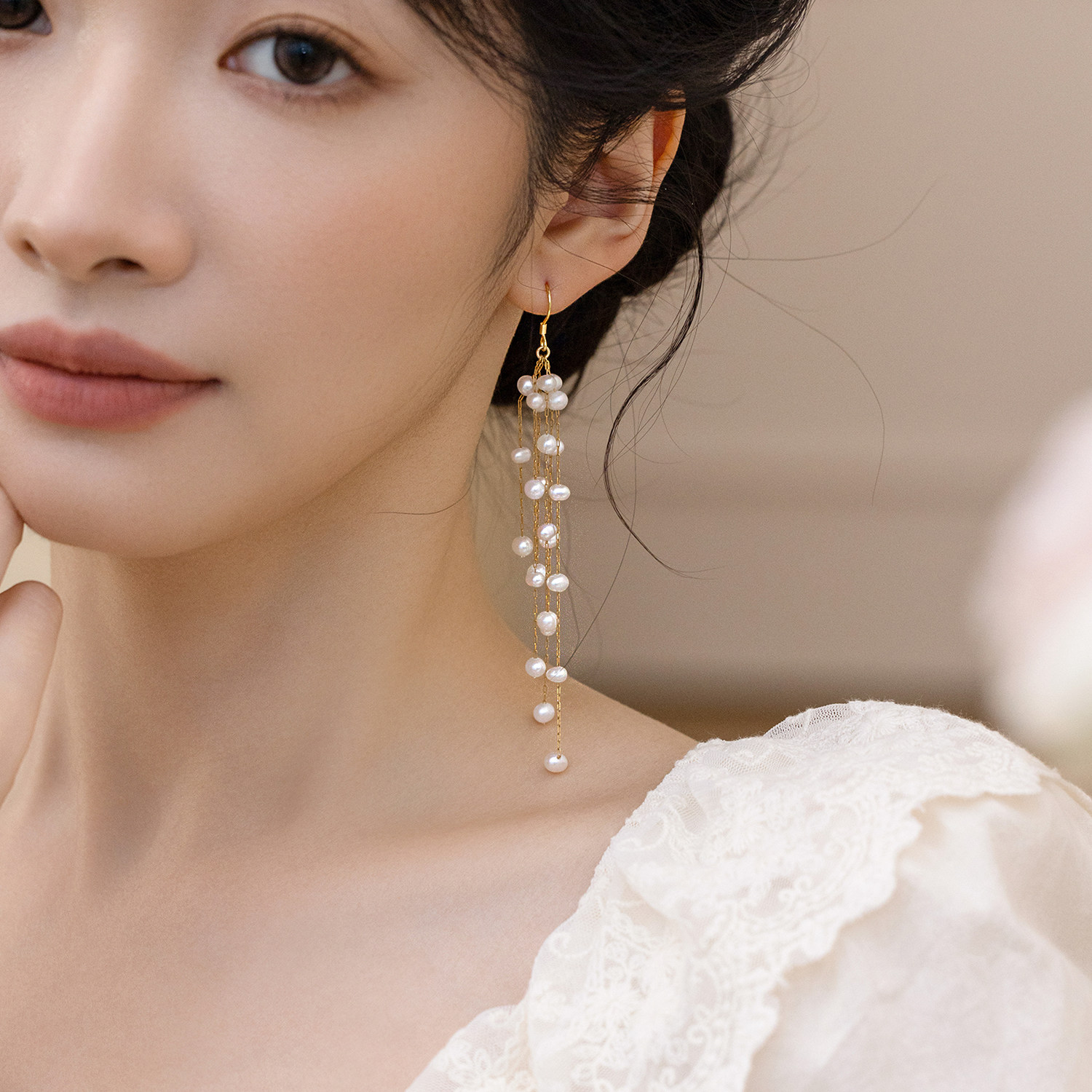 重手工天然淡水珍珠长款耳线耳环气质唯美时尚耳饰女生流苏设计感
