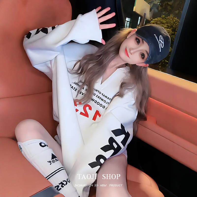 RIERA美式辣妹字母印花V领卫衣女2024秋冬新款设计感小众宽松休闲