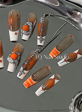 JQ.NAIL【芬达橙】手工定制橙色辣妹晕染手绘指甲贴片美甲穿戴甲