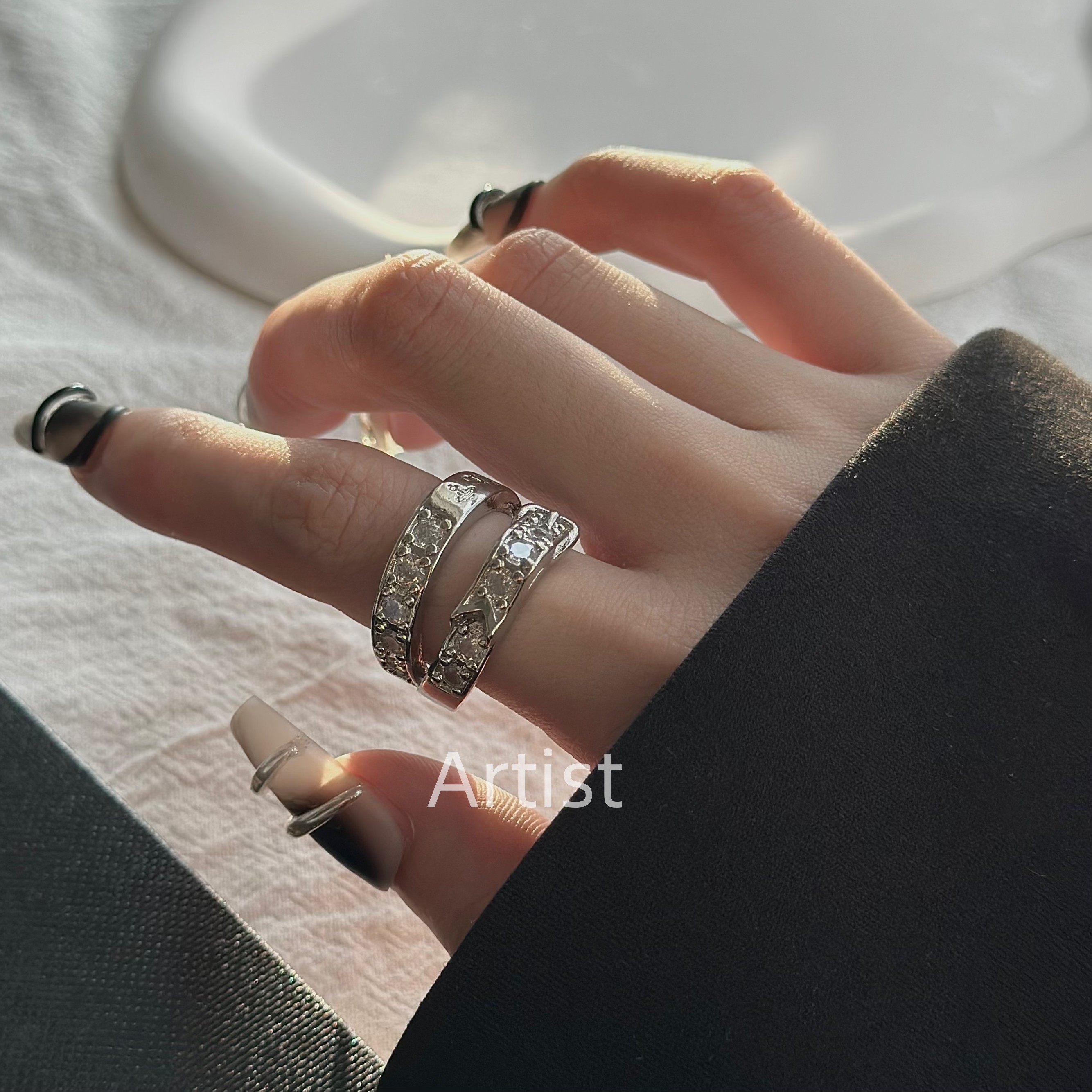 土星满钻错石双层戒指女