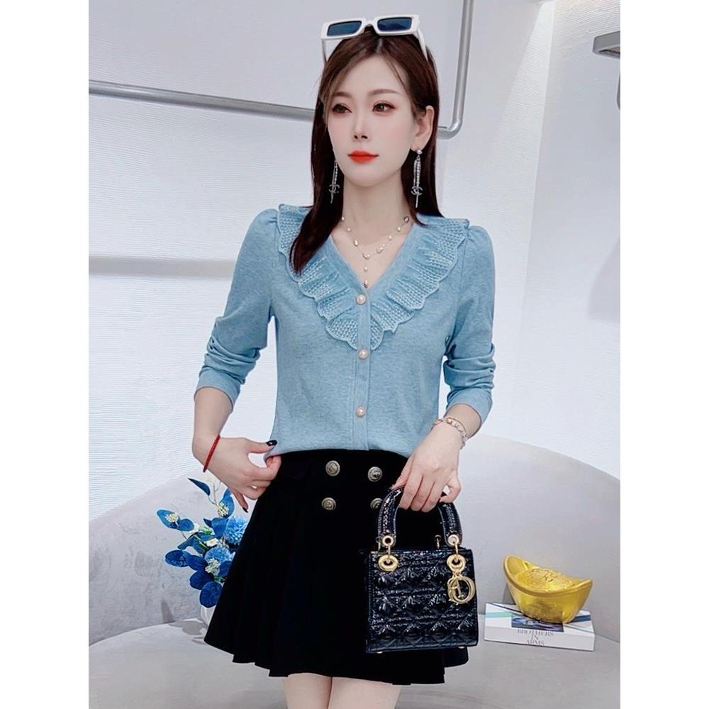 JOYIASS时尚设计感V领长袖T恤女2025秋季新款时髦洋气减龄修身显