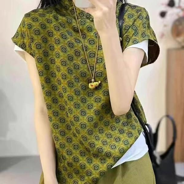 BLLOUKE2025年夏季新中式国风立领印花盘扣短袖衬衫女装新款提花