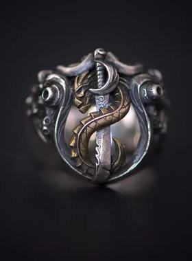 欧美复古比尔吉沃特男士小众戒指克苏鲁个性做旧情人礼物做旧指环