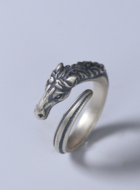 FuGui复古精雕骏马国潮风做旧头戒指 男士文艺气质开口可调节指环