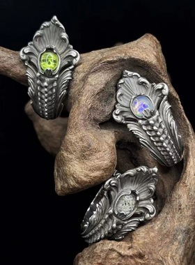 FuGui复古《神圣之灵》戒指欧美风 男潮羽毛翅膀镶嵌宝石开口指环