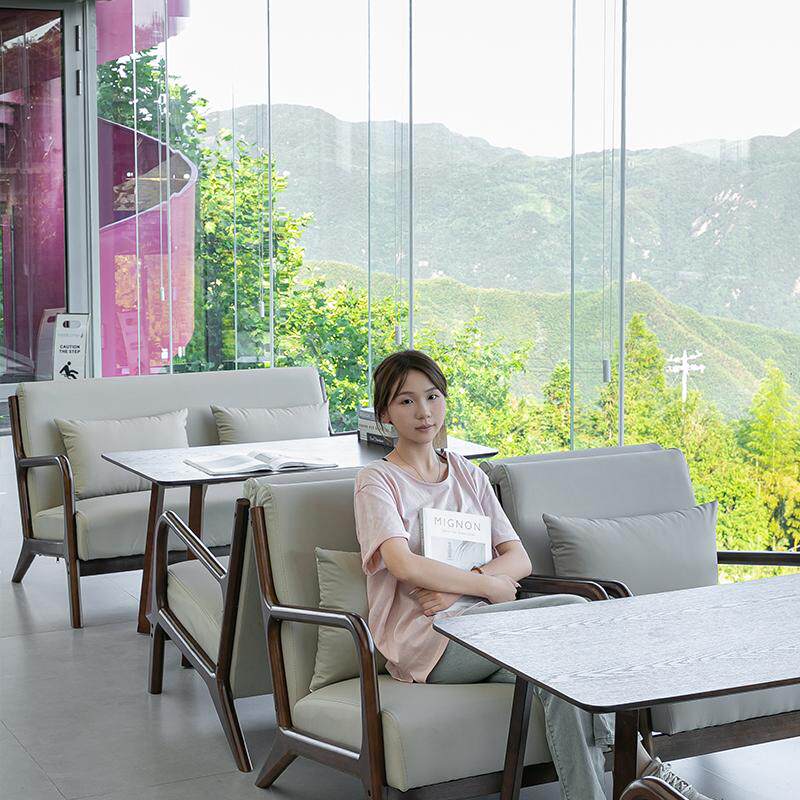 连锁奶茶店桌椅组合咖啡店馆休闲区实木沙发咖啡厅椅子阅读区卡座