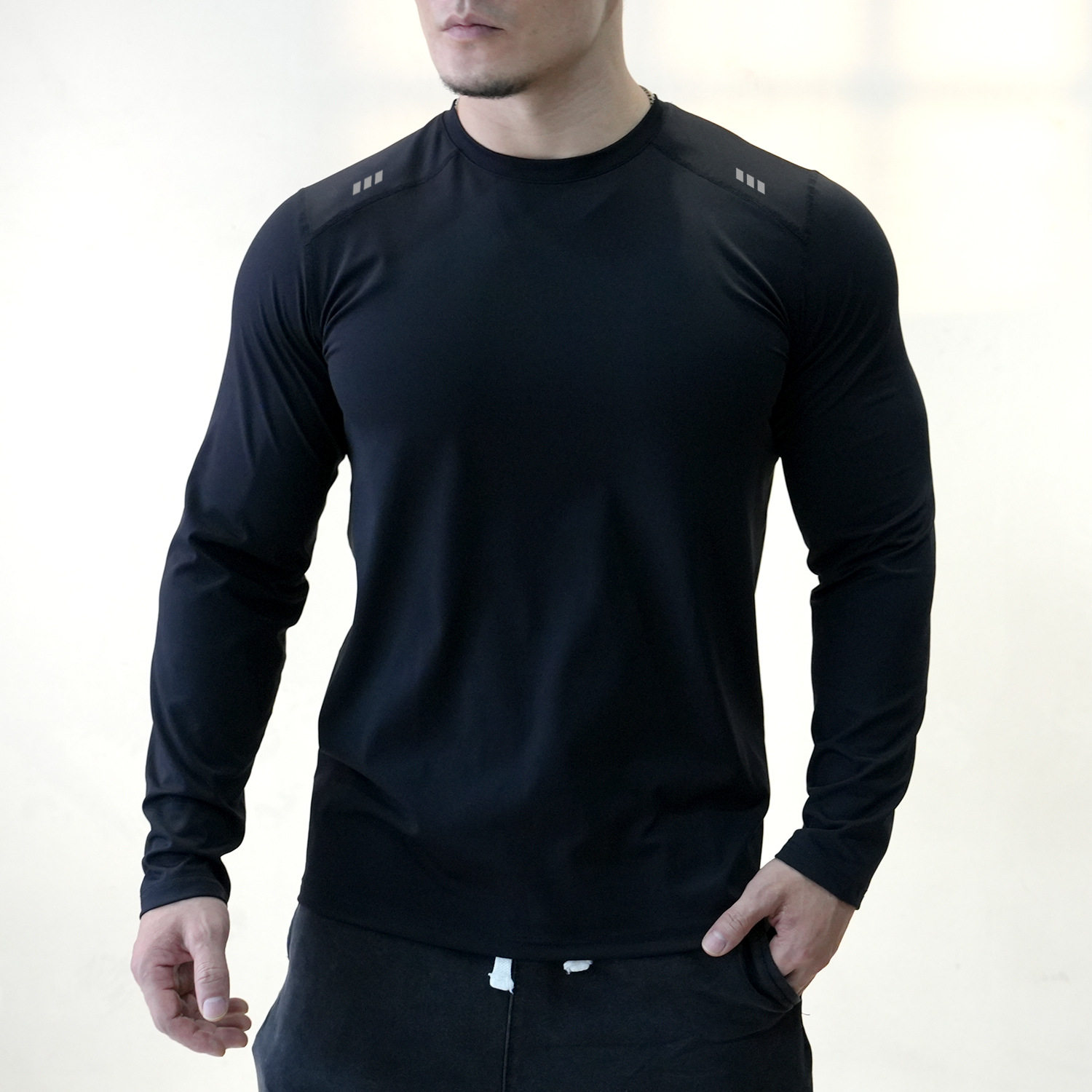 跨境锦纶宽松大码长袖T恤衫男跑步衣速干衣健身服训练服紧身衣打