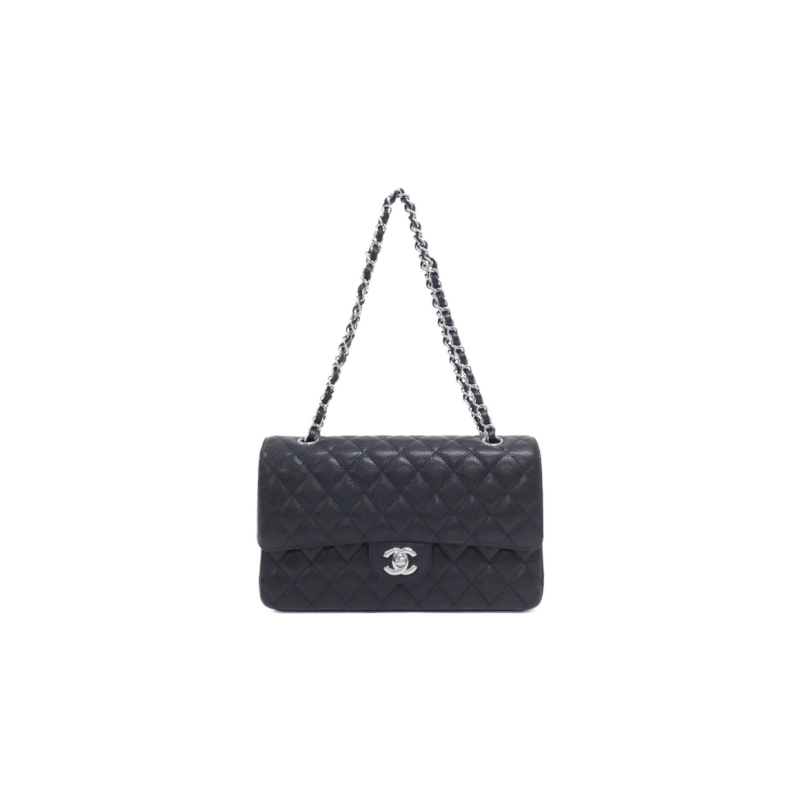 中古CHANEL香奈儿女包A级95新黑银牛鱼子酱小牛皮单肩斜挎包复古