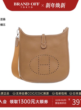 中古Hermes爱马仕女包A级95新Evelyn 3 PM伊芙琳金棕色TC皮斜挎包