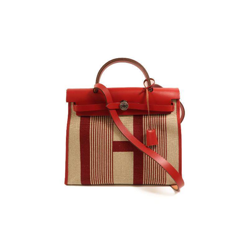 中古Hermes爱马仕女包A级95新Herbag PM帆布斜挎包红色BRANDOFF