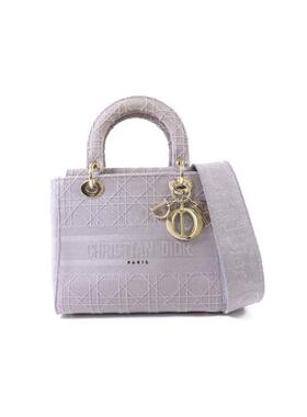 中古Dior迪奥女包B级9新Lady Dior帆布斜挎包灰色