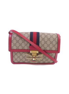 中古Gucci古驰女包A级95新GG SupremeGG老花帆布斜挎包棕色