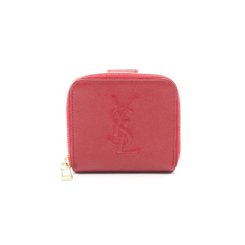 中古YSL圣罗兰女B级9新bi-fold双折牛皮短钱包红色