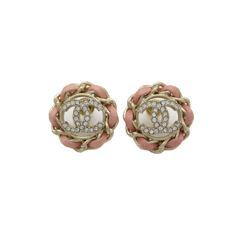 中古CHANEL香奈儿A级95新earrings 耳钉B225圆形 双c 粉色