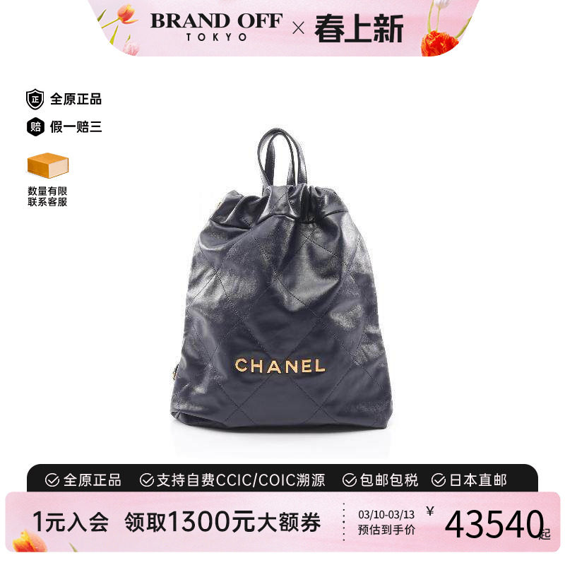 中古Chanel香奈儿女包A级95新CHANEL22垃圾袋牛皮双肩包蓝色