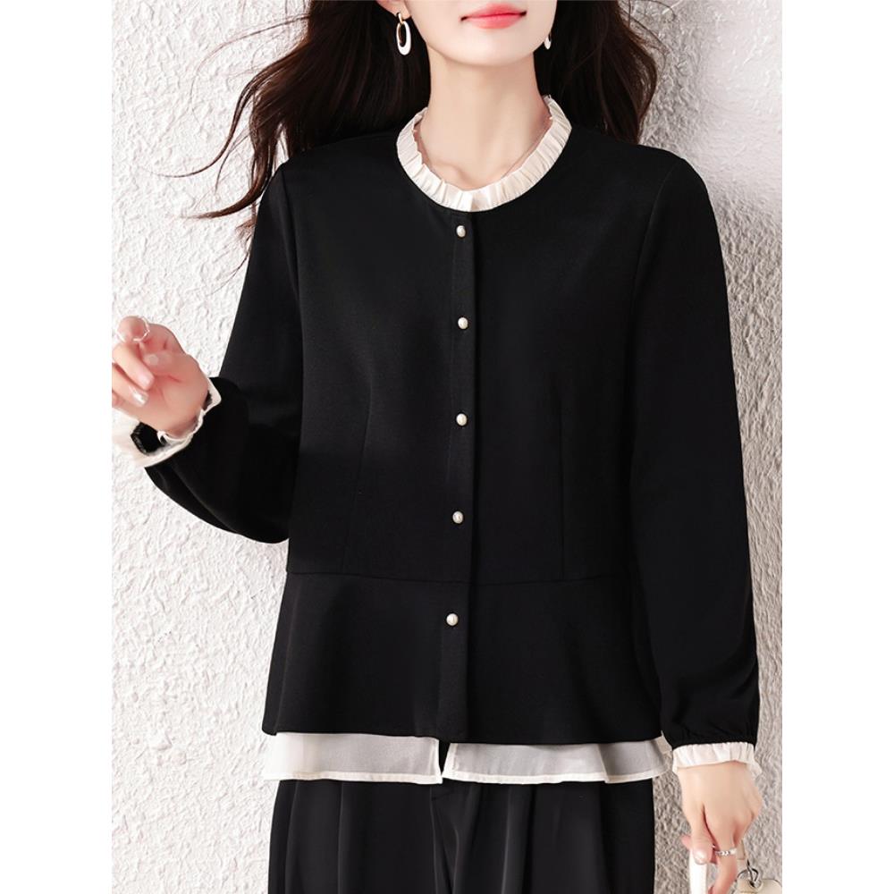 JOYIASS拼接木耳领衬衫女2025秋季新款长袖宽松休闲百搭减龄上衣