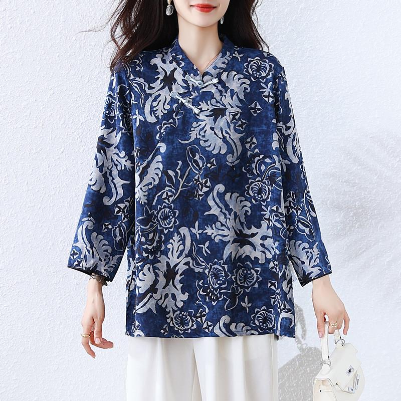 JOYIASS2025秋季复古立领印花国风长袖衬衫遮肉显瘦大码女装上衣