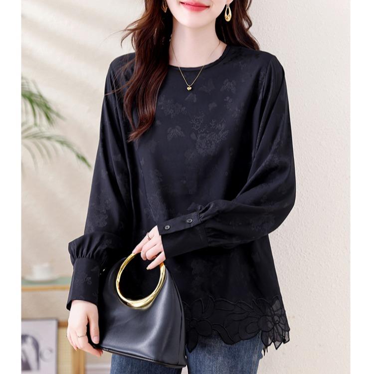 JOYIASS圆领宽松提花雪纺衫2025秋季气质慵懒百搭休闲长袖衬衣女