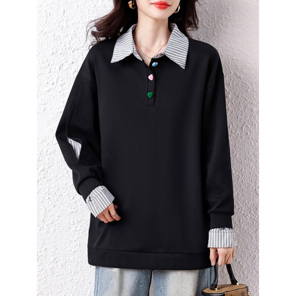 JOYIASS微胖MM大码条纹拼接假两件秋季新款遮肚子显瘦休闲卫衣女