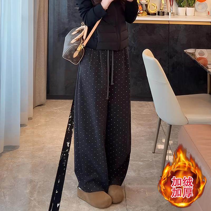 JOYIASS韩版时尚波点加绒加厚保暖阔腿裤2025新款秋冬季爆款女士