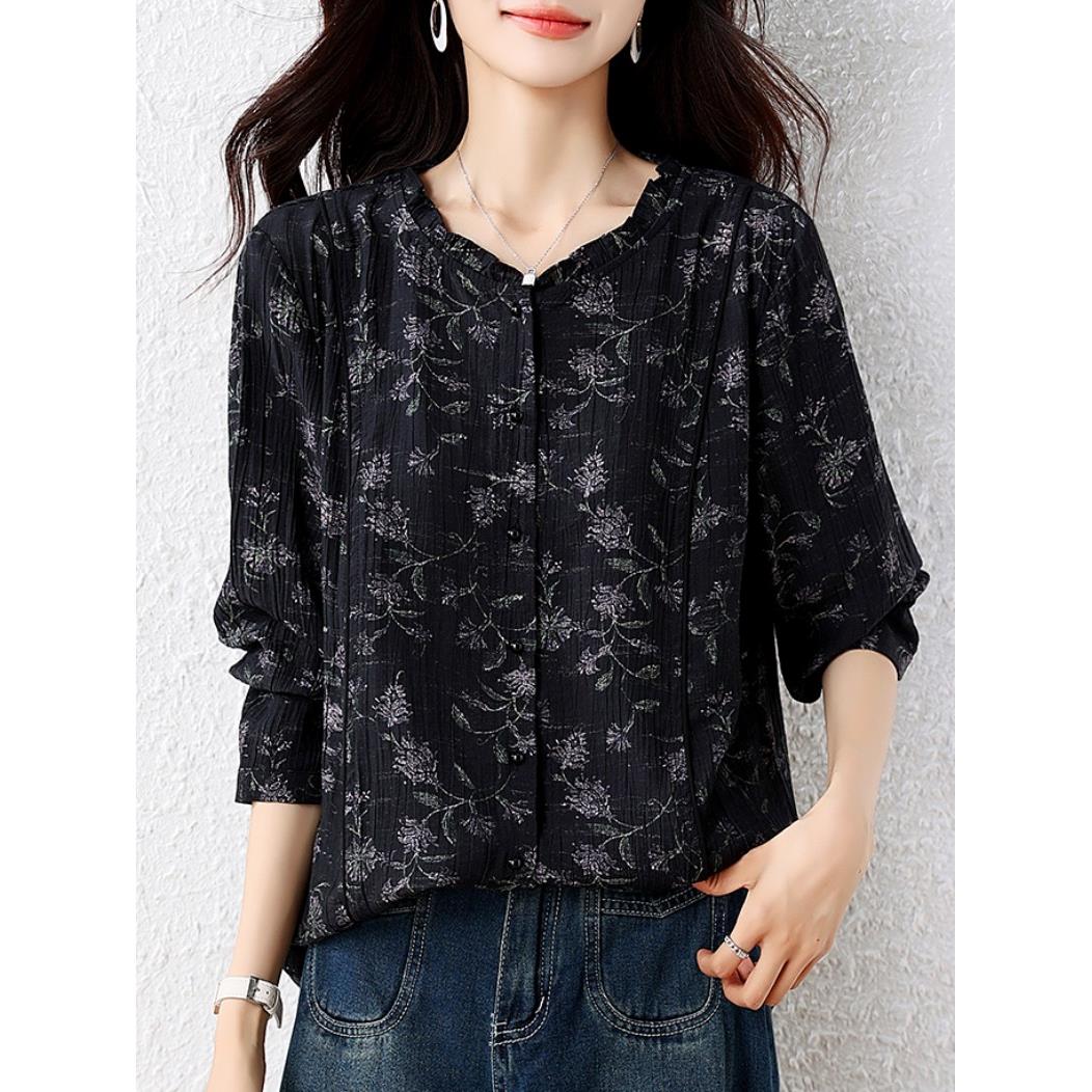 JOYIASS覆古长袖衬衫女秋季2025新款黑底碎花衬衣花边领高级上衣
