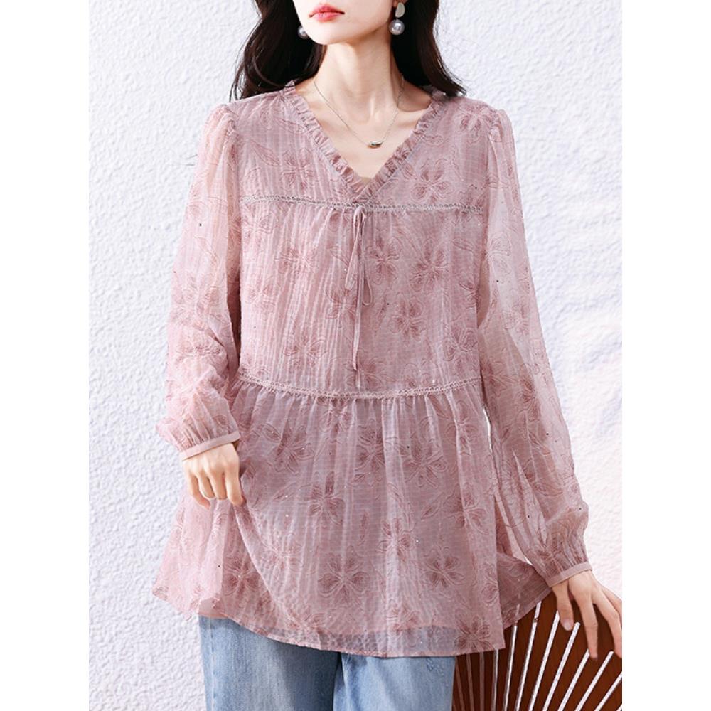 JOYIASS大码女装温柔高级V领T恤收腰显瘦遮肚优雅气质宽松上衣秋