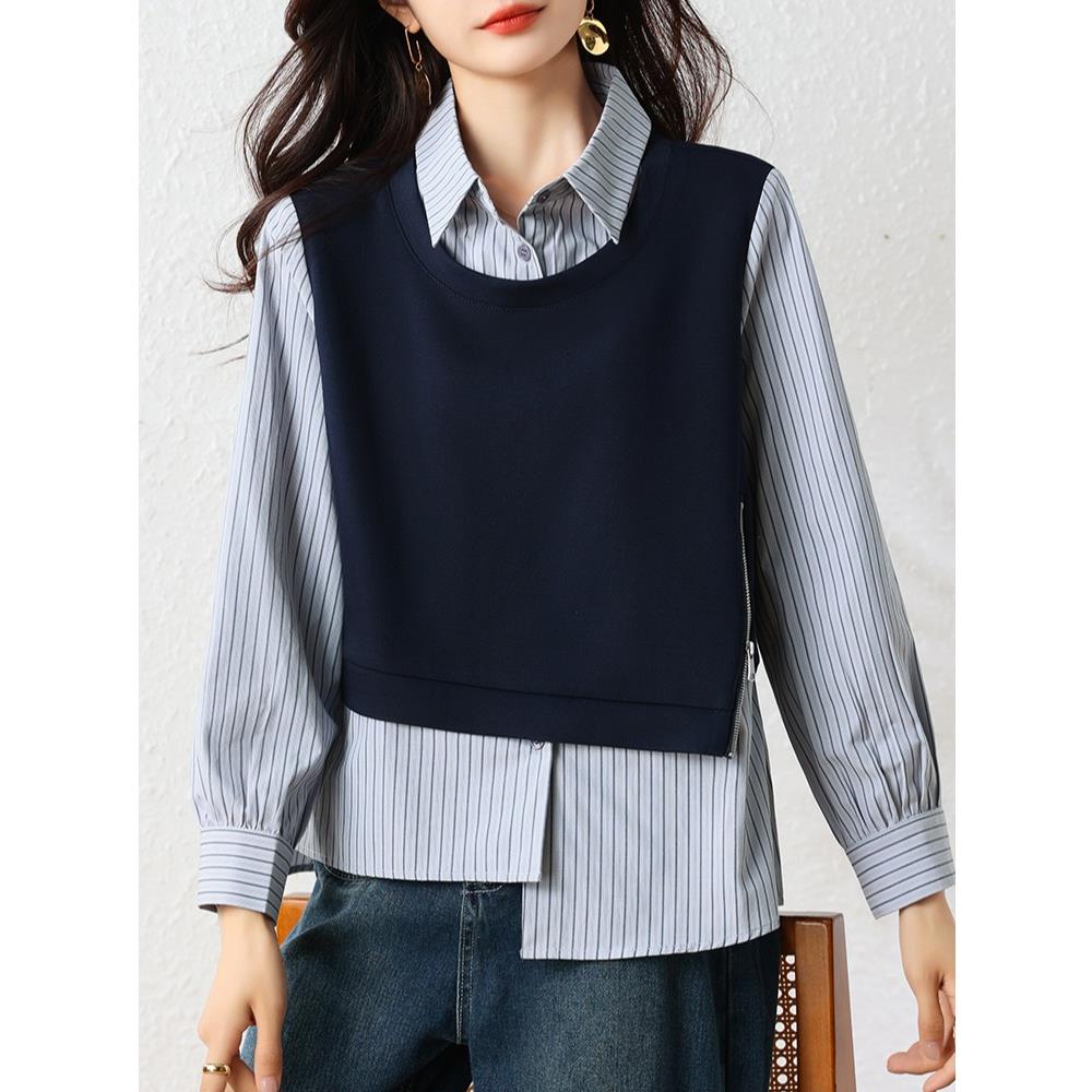 JOYIASS拼接假两件条纹衬衫女2025秋季新款小个子显瘦设计感上衣