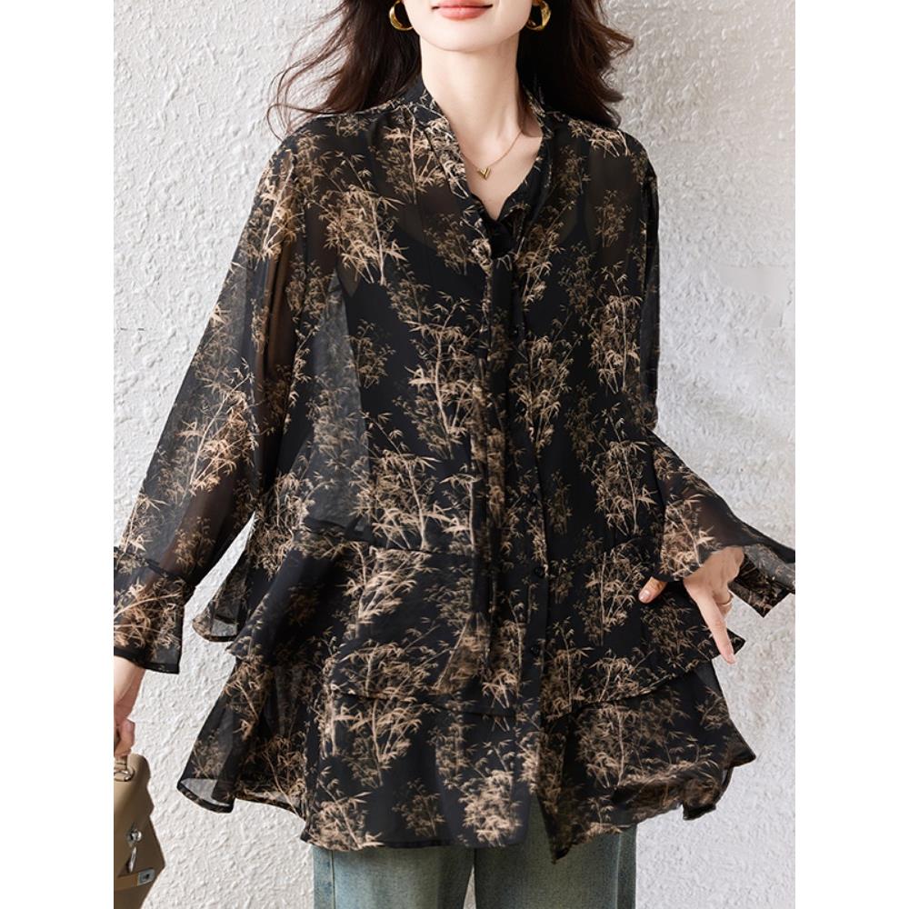 JOYIASS超好看竹子荷叶边喇叭袖长袖雪纺衫衬衫宽松上衣女秋新款