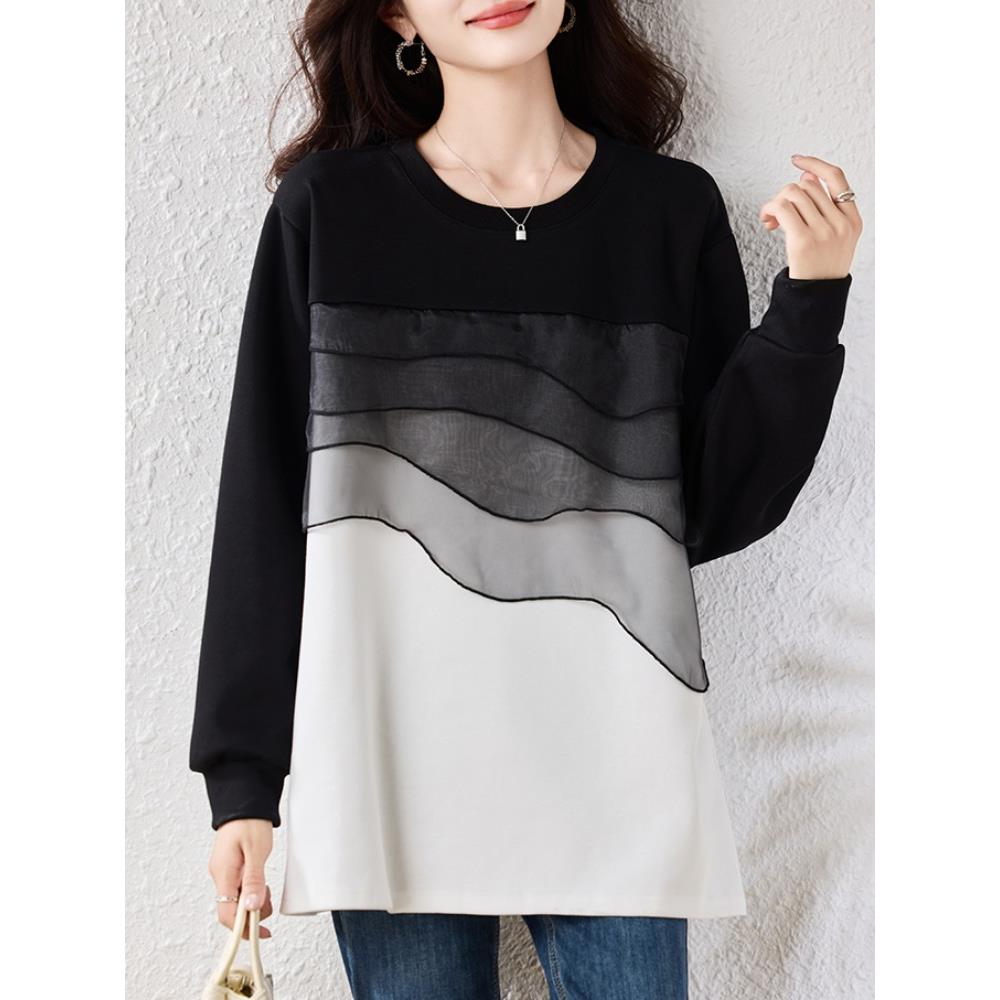 JOYIASS网纱拼接慵懒卫衣女2025秋季韩版洋气休闲质长袖上衣女