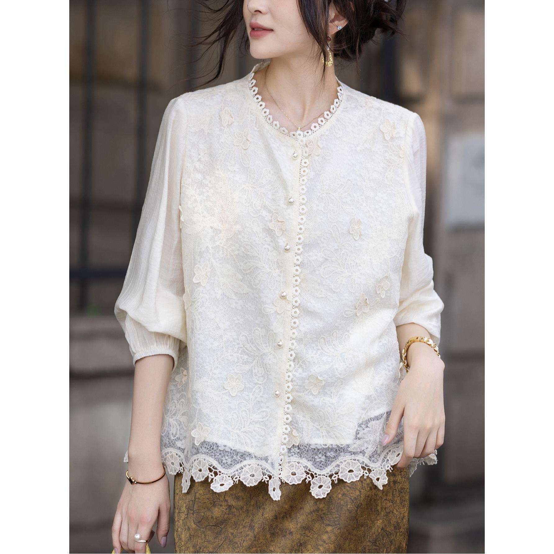 JOYIASS蕾丝绣花衬衫2025新款秋装超火宽松洋气漂亮小衫长袖上衣