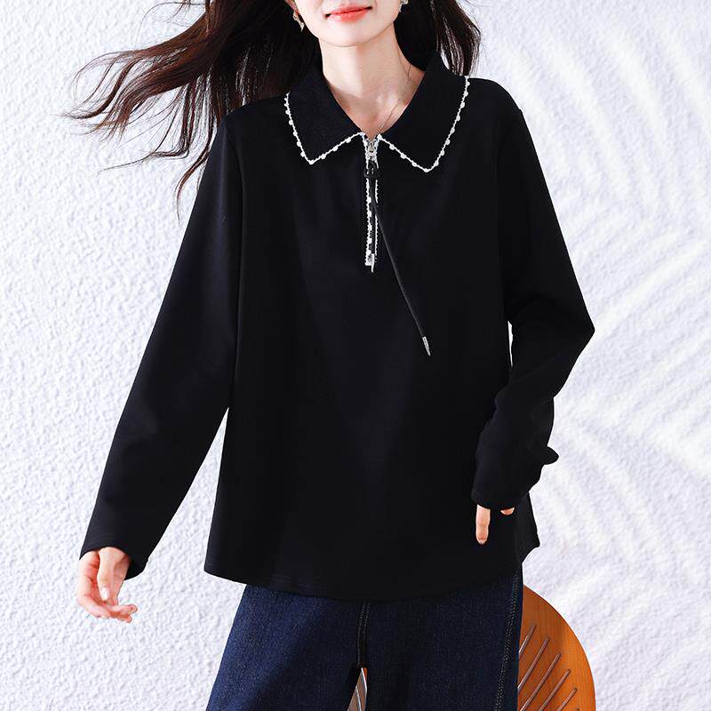 JOYIASS气质黑色正肩拼接T恤欧货大码长袖上衣2025秋季新款女装