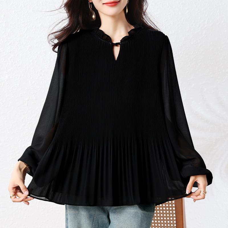 JOYIASS大码女装衬衫女2025秋季新款长袖压褶木耳边气质小衫上衣