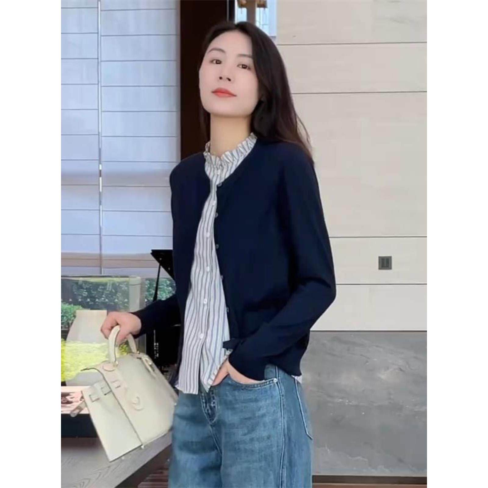 JOYIASS韩系早秋穿搭毛衣开衫外套女时尚减龄条纹无袖衬衫针织罩