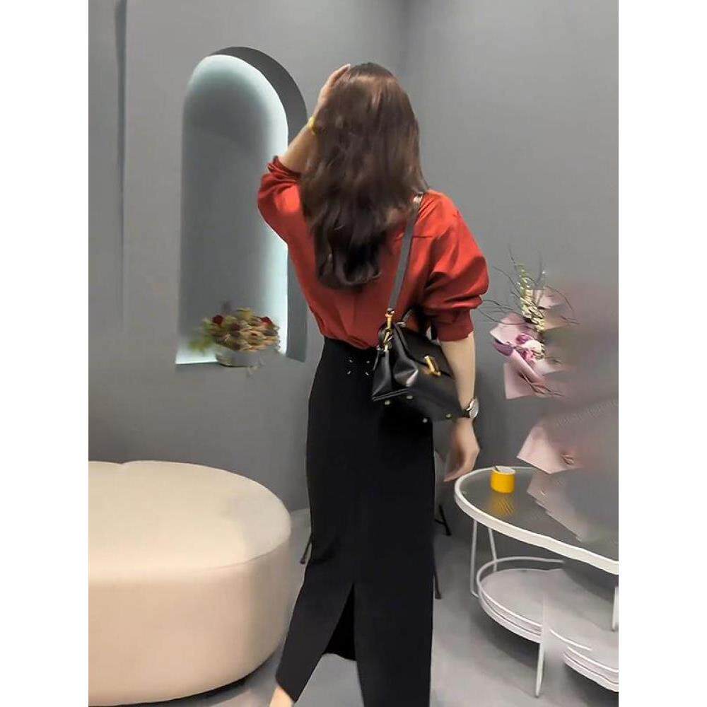 JOYIASS高级感穿搭一整套2025春秋新款女士气质覆古红色长袖衬衫