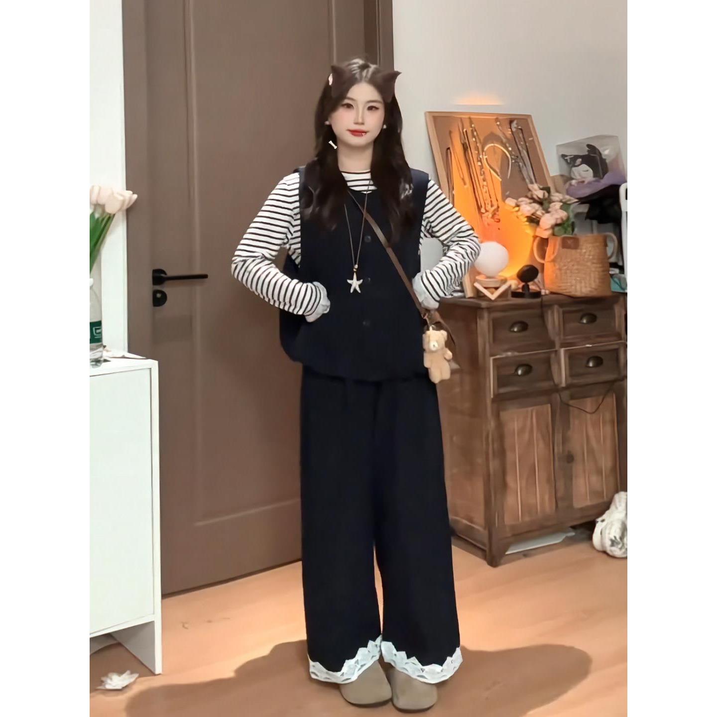 JOYIASS气质一整套ootd穿搭女2025春秋条纹上衣叠穿马甲花边阔腿