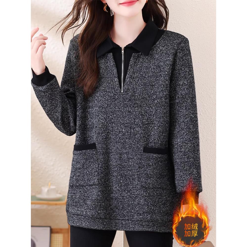 JOYIASS大码女装2025秋冬新款针织毛线翻领卫衣外穿加绒保暖上衣