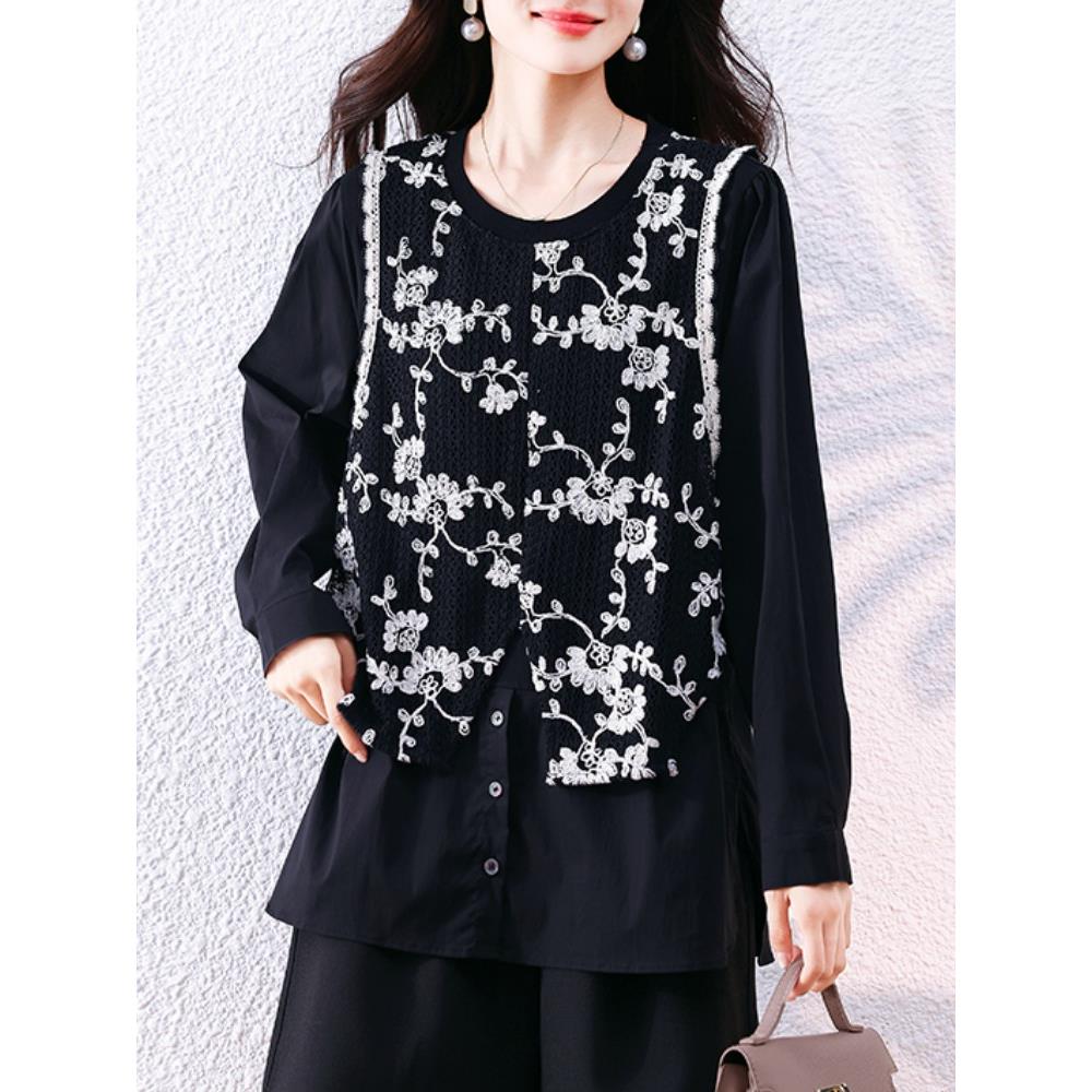 JOYIASS气质蕾丝拼接衬衫秋季新款宽松衬衣2025欧货大码长袖上衣