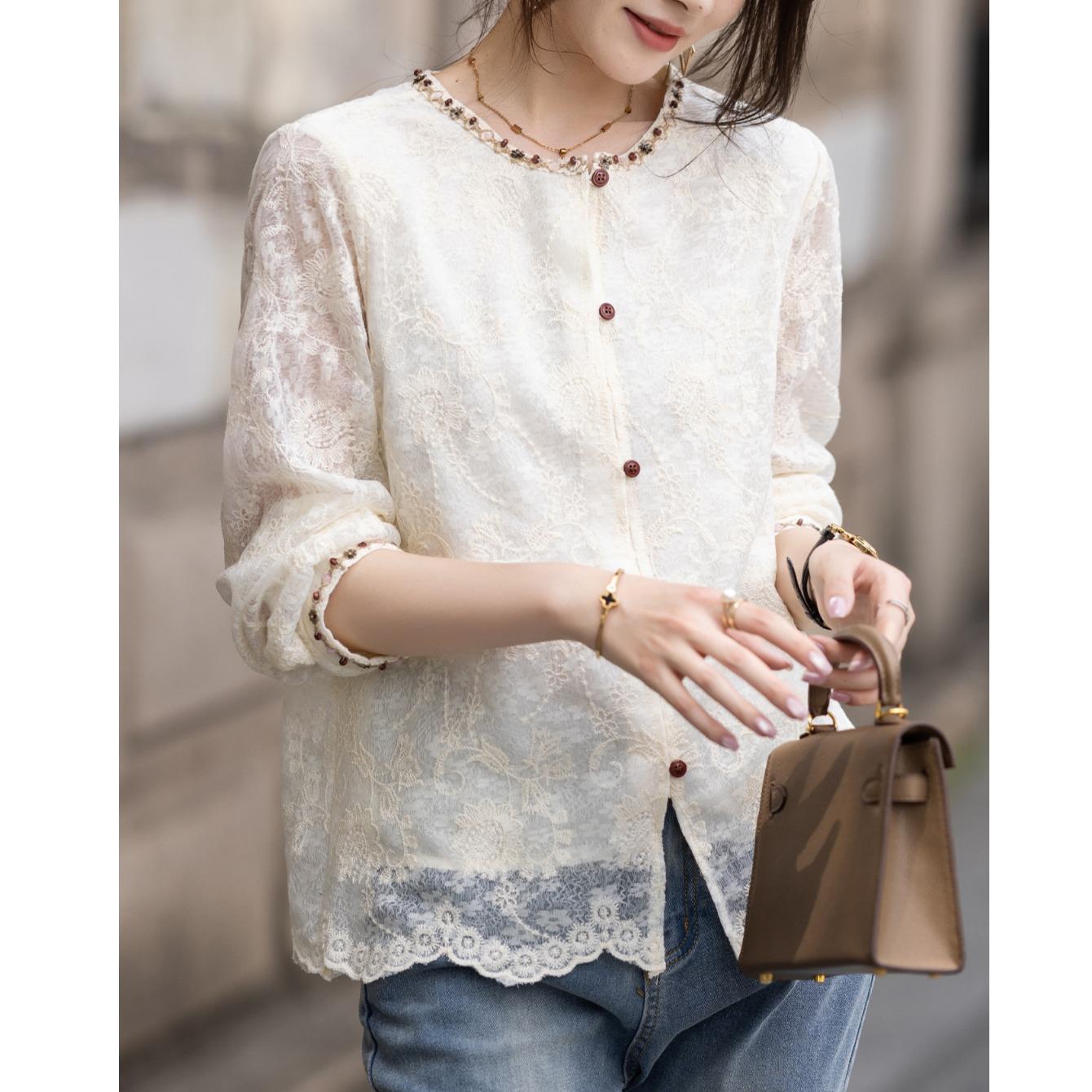 JOYIASS蕾丝刺绣衬衫女2025早秋新款气质蕾丝花边小衫新中式上衣